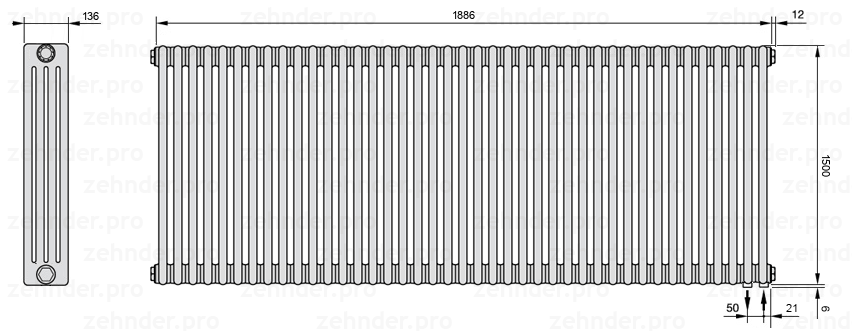 Схема (чертеж) Радиатор Zehnder Charleston 4150/41 №5510 Белый глянцевый RAL 9016